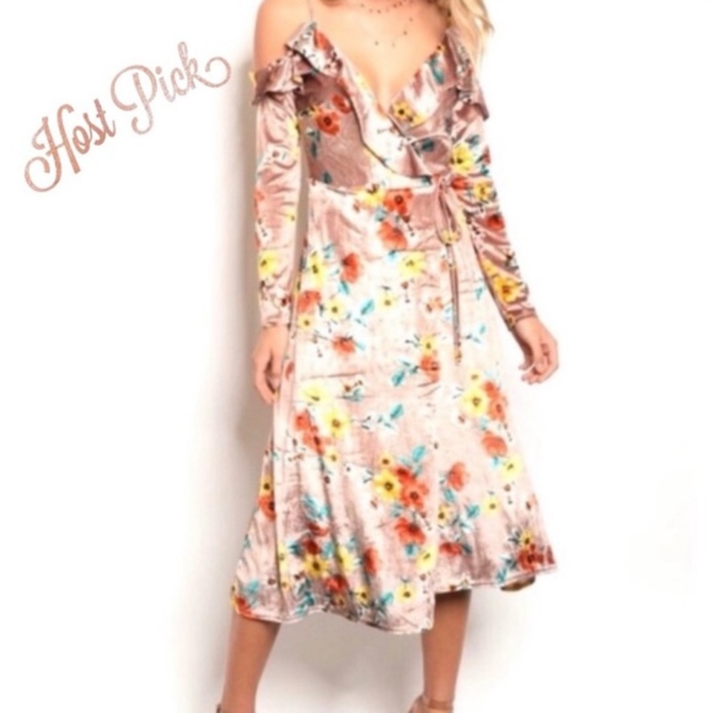 ✨HP✨NEW LUSCIOUS VELVET FLORAL COLD SHOULDER SLIP WRAP DRESS✨LONG SLEEVE‎ - Picture 7 of 10